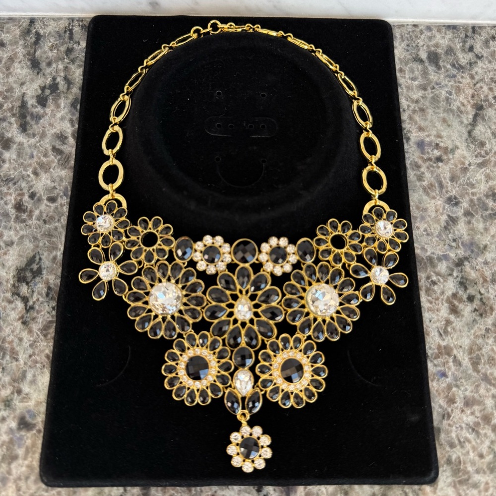 Amrita Singh Crystal Floral Statement Bib Necklace, Black/Gold